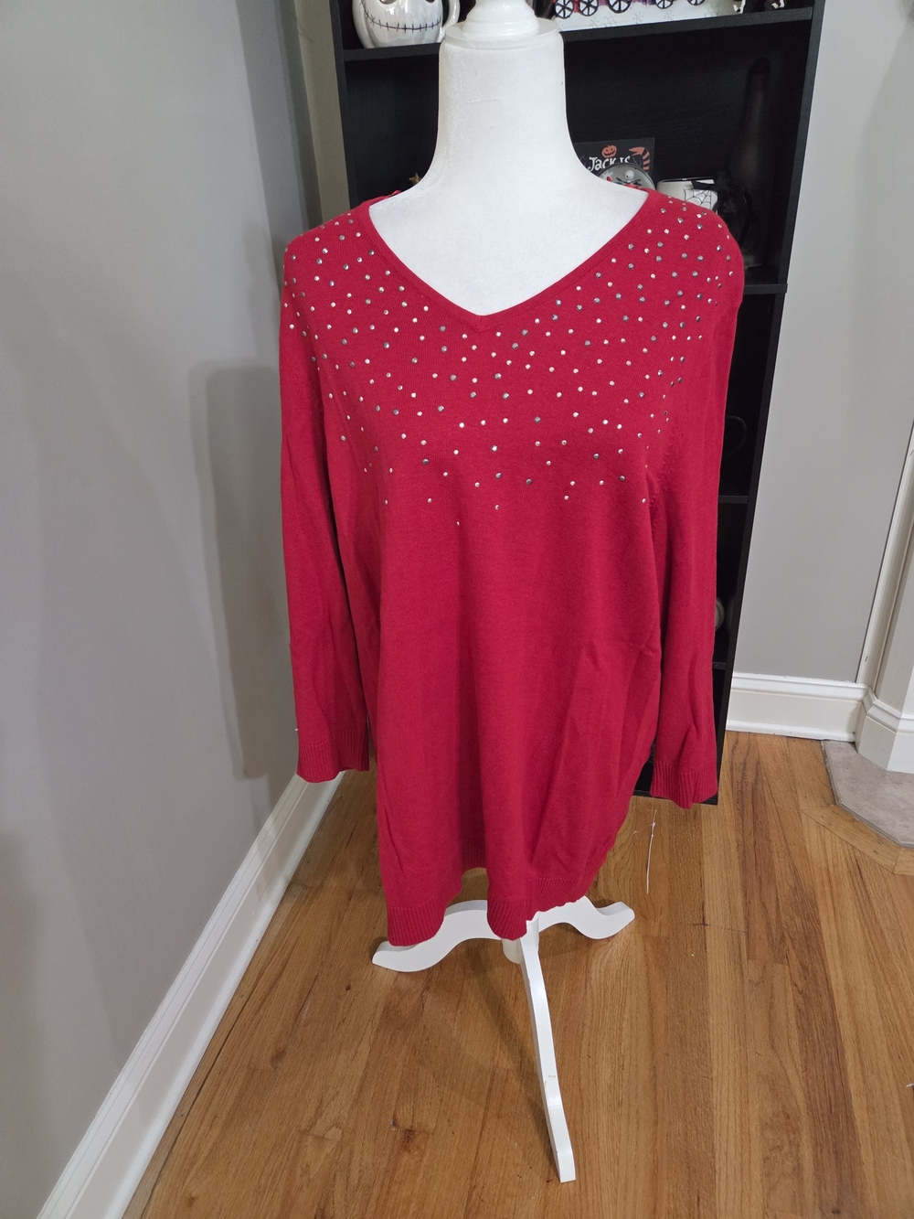 Allison Daley Red V-Neck Rhinestone Sweater